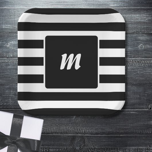 Zwart-wit gestreept monogram papieren bordje