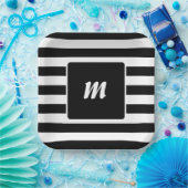 Zwart-wit gestreept monogram papieren bordje (Feest)