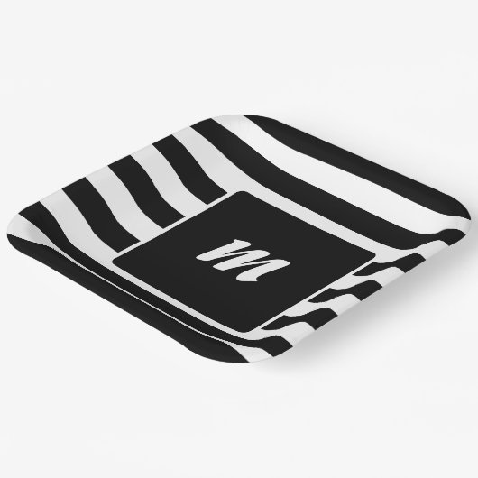 Zwart-wit gestreept monogram papieren bordje (Gebogen)