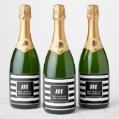 Zwart-wit gestreept monogram sparkling wijnetiket (Flessen)