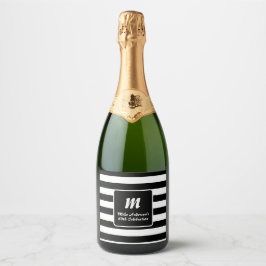 Zwart-wit gestreept monogram sparkling wijnetiket