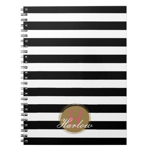 Zwart-wit gestreept monogram spiraal Notitieboek (Voorkant)