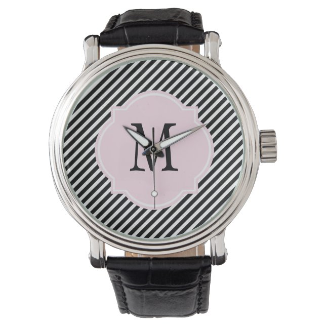 Zwart-wit gestreept monogram volgen horloge (Voorkant)