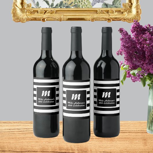 Zwart-wit gestreept monogram wijn etiket
