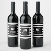 Zwart-wit gestreept monogram wijn etiket (Flessen)