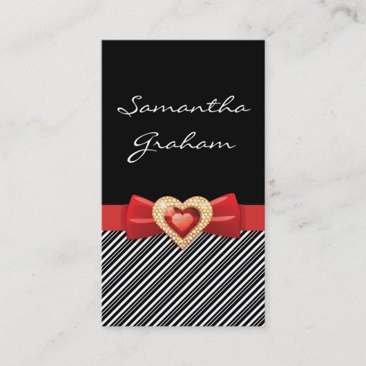 Zwart wit gestreept patroon met rode boog en juwee visitekaartje (Voorkant)