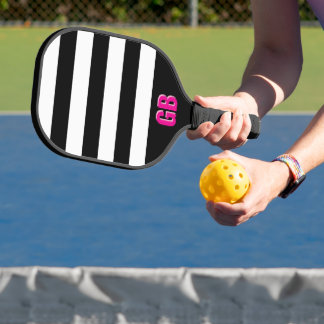 Zwart-wit gestreept patroon Roze monogram Pickleball Paddle