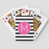 Zwart-wit gestreept patroon Roze monogram Pokerkaarten (Achterkant)