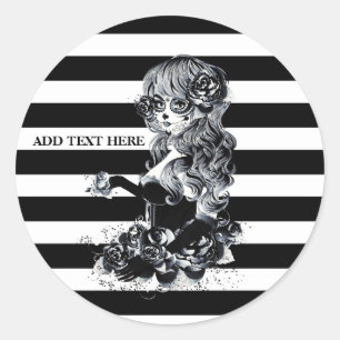 Zwart & Wit Gestreept Pretty Suiker Schedel Meisje Ronde Sticker