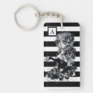 Zwart & Wit Gestreept Pretty Suiker Schedel Meisje Sleutelhanger