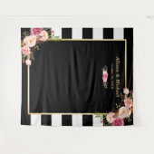 Zwart-wit gestreept roze bloem bruiloft achtergron wandkleed (Voorkant (horizontaal))