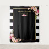 Zwart-wit gestreept roze bloem bruiloft achtergron wandkleed (Voorkant)