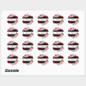 Zwart & Wit Gestreept Roze Bloemen Bruiloft Favor Ronde Sticker (Vel)