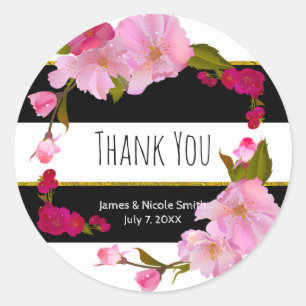 Zwart & Wit Gestreept Roze Bloemen Bruiloft Favor Ronde Sticker