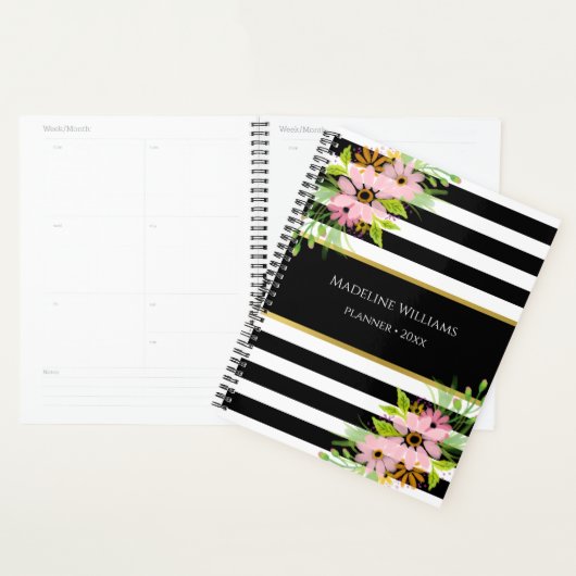 Zwart Wit Gestreept Roze Bloemen Goud 2026 Planner (Display)