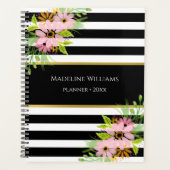 Zwart Wit Gestreept Roze Bloemen Goud 2026 Planner (Voorkant)