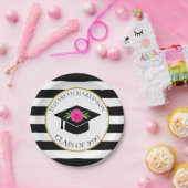 Zwart Wit Gestreept Roze Bloemen Graduation Party Papieren Bordje (Feest)