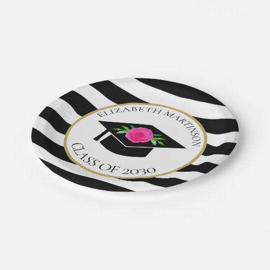 Zwart Wit Gestreept Roze Bloemen Graduation Party Papieren Bordje (Gekanteld)