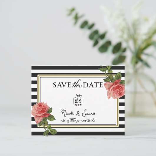 Zwart & Wit Gestreept  Roze Rose Briefkaart (Staand voorkant)