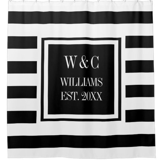 Zwart-wit gestreept stijlvol trendy monogram douchegordijn (Voorkant)