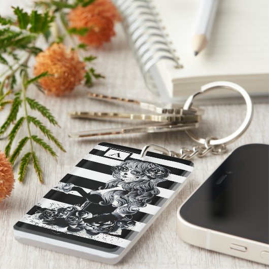 Zwart-wit gestreept Suikermeisje Sleutelhanger (Voorkant Rechts)