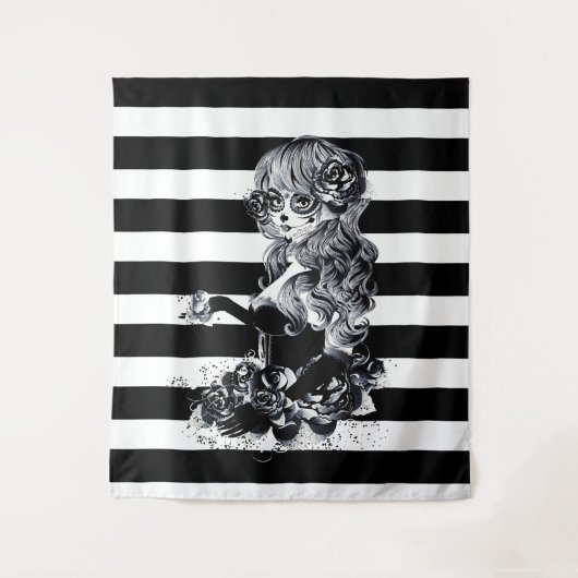 Zwart-wit gestreept  Suikermeisje Wandkleed (Voorkant)