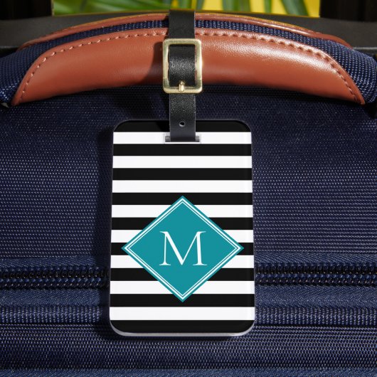 Zwart Wit Gestreept Teal Diamant Monogram Bagage Bagagelabel (Voorkant Insitu 2)
