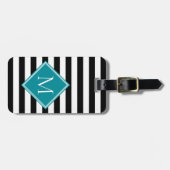 Zwart Wit Gestreept Teal Diamant Monogram Bagage Bagagelabel (Voorkant horizontaal)