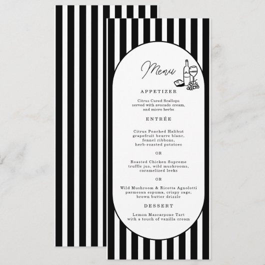 Zwart Wit Gestreept Trouw Lange Menu Kaart (Voorkant / Achterkant)