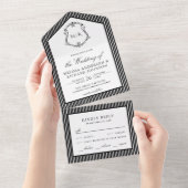 Zwart-wit gestreept wapen monogram bruiloft all in one uitnodiging (Afscheurbaar)