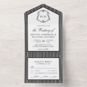 Zwart-wit gestreept wapen monogram bruiloft all in one uitnodiging (Binnen)