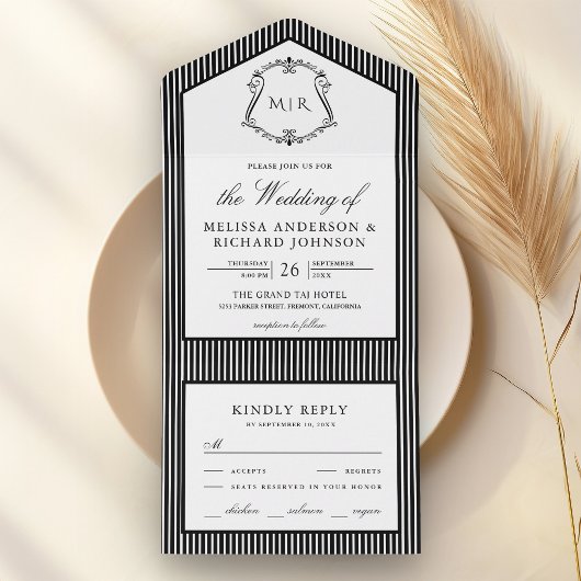 Zwart-wit gestreept wapen monogram bruiloft all in one uitnodiging