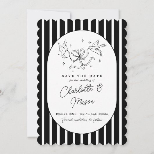 Zwart Wit Gestreept Whimsical Save the Date Kaart (Voorkant)
