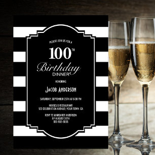 Zwart wit gestreepte 100e verjaardag Dinner Party Kaart