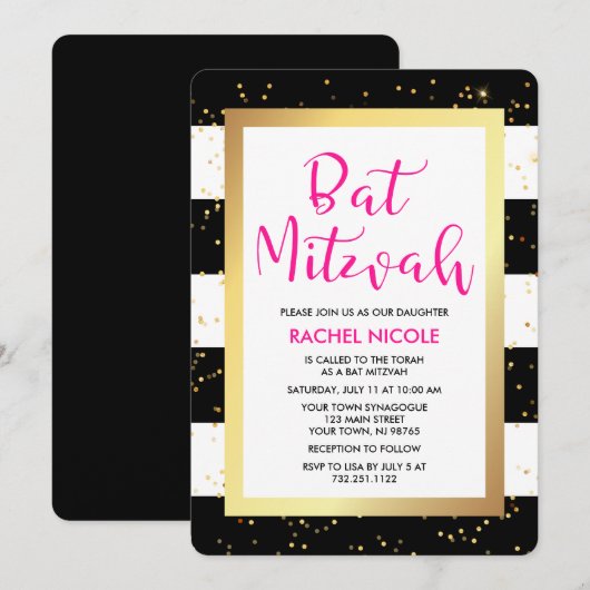 Zwart-wit gestreepte Bat Mitzvah met goud Kaart (Voorkant / Achterkant)