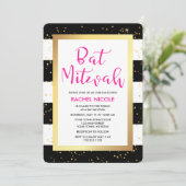Zwart-wit gestreepte Bat Mitzvah met goud Kaart (Staand voorkant)