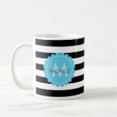 Zwart, Wit, gestreepte Blauwe bloem monogram naam. Koffiemok (Links)