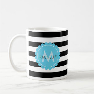 Zwart, Wit, gestreepte Blauwe bloem monogram naam. Koffiemok