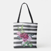 Zwart-wit gestreepte bloem tote bag (Achterkant)