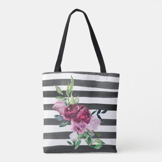 Zwart-wit gestreepte bloem tote bag (Achterkant)
