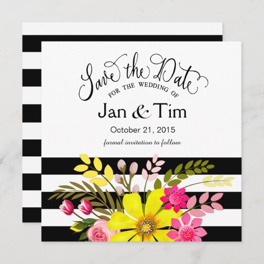 Zwart Wit Gestreepte Bloemen Bewaar de Datum geel Save The Date (Voorkant / Achterkant)