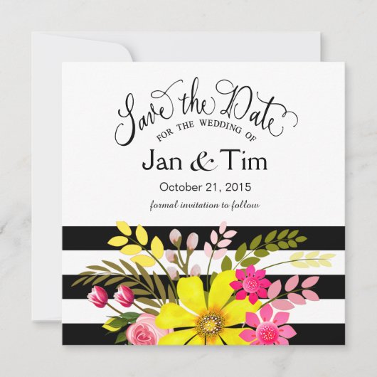 Zwart Wit Gestreepte Bloemen Bewaar de Datum geel Save The Date (Voorkant)