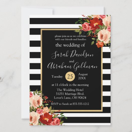 Zwart-wit gestreepte bloemen rozen bruiloft kaart (Voorkant)