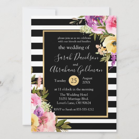 Zwart-wit gestreepte bloemen rozen bruiloft kaart (Voorkant)