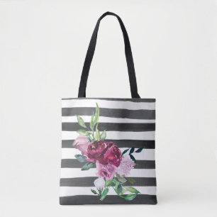 Zwart-wit gestreepte bloemen tote bag