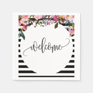 Zwart + Wit gestreepte bloemenpapier cocktail serv Servet