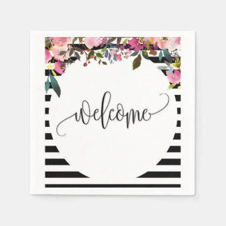 Zwart + Wit gestreepte bloemenpapier cocktail serv Servet