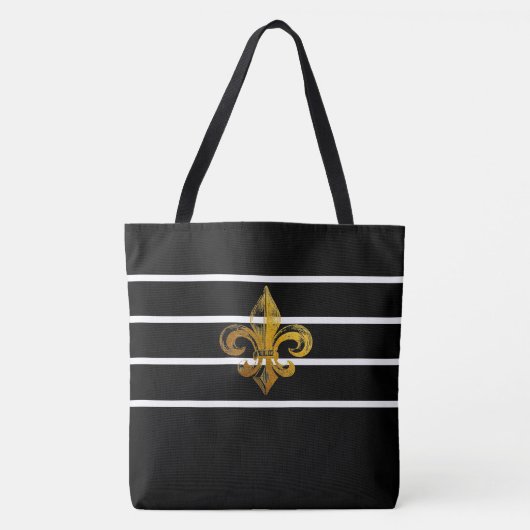ZWART & WIT GESTREEPTE FLEUR DE LIS ONTWERP TOTE T BAG (Voorkant)