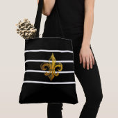 ZWART & WIT GESTREEPTE FLEUR DE LIS ONTWERP TOTE T BAG (Dichtbij)