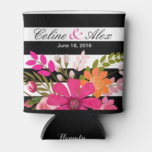 Zwart & Wit Gestreepte Folklore Bloemen | fuchsia Blikjeskoeler (Voorkant)